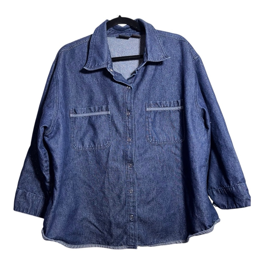 QUIZZ WOMAN‎ & CO Denim Button-Up Blouse with Silver Metallic Throughout Size 22